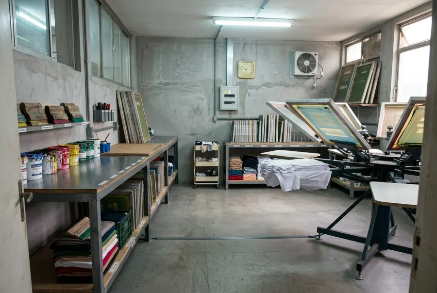 Serigrafia: As telas, as tintas e o carrossel onde a estampa é aplicada.